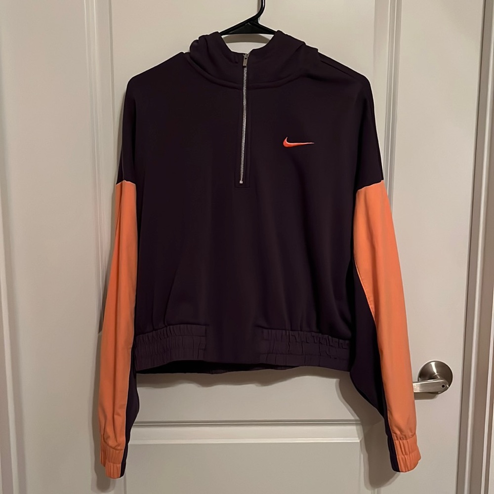 Plum Nike cropped hoodie with salmon detail on sleeve